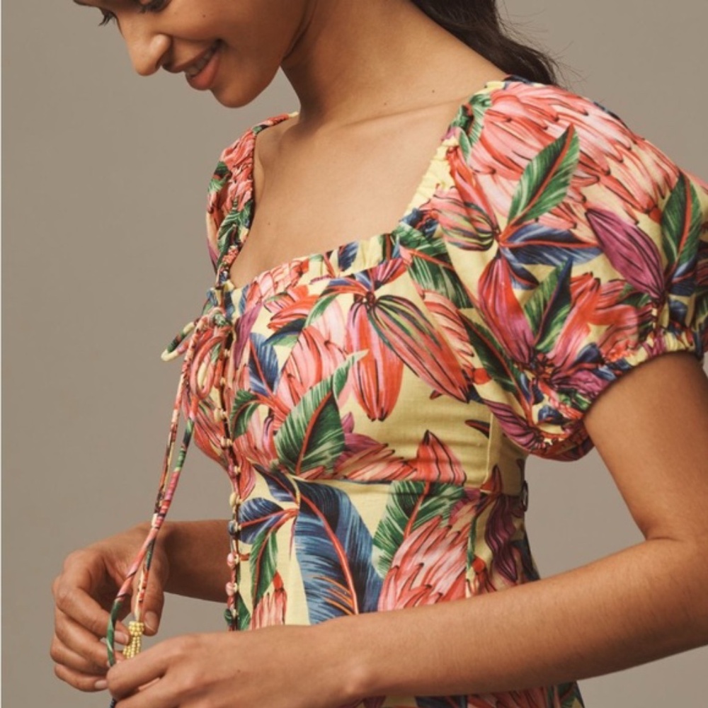 Farm Rio x Anthropologie Puff-Sleeve Sweetheart Linen Midi Dress